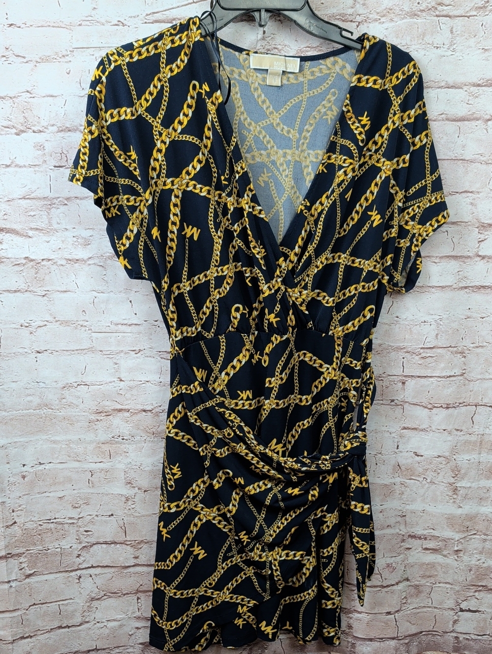 Michael Kors Navy & Gold Chain-Print Wrap Dress XS
